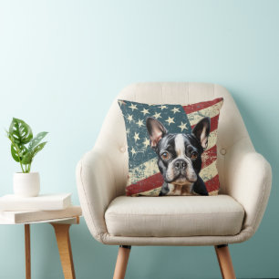 Grunge American Flagga Boston Terrier Hund Kudde