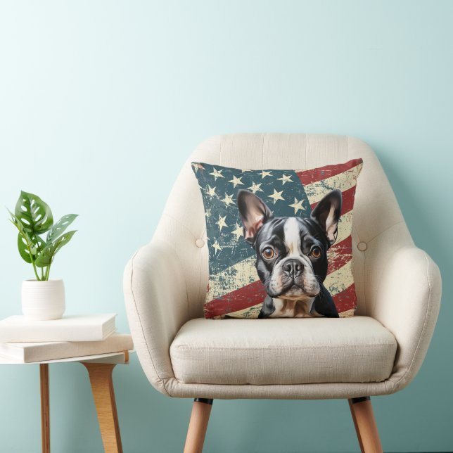 Grunge American Flagga Boston Terrier Hund Kudde (Stol)