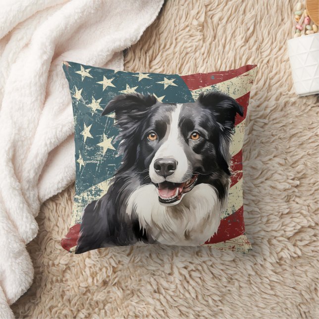 Grunge American Flagga Gräns Collie Hund Kudde (Filt)