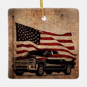 Grunge American Flagga och Black Lastbil Patriotic Julgransprydnad Keramik