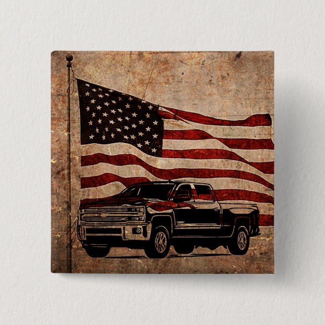 Grunge American Flagga och Black Lastbil Patriotic Knapp (Framsida)