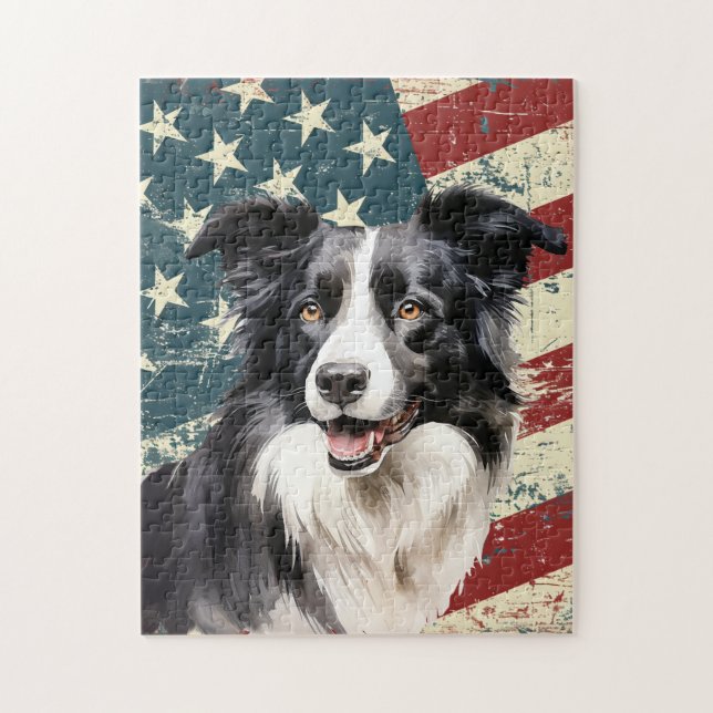 Grunge amerikansk flagg gräns collie hund pussel (Vertikal)