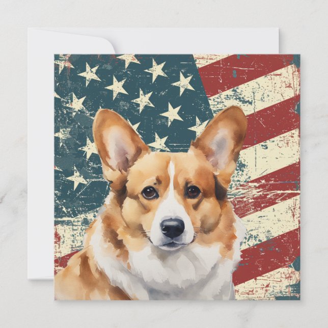 Grunge amerikansk flagga Corgi hund platt kort (Framsida)
