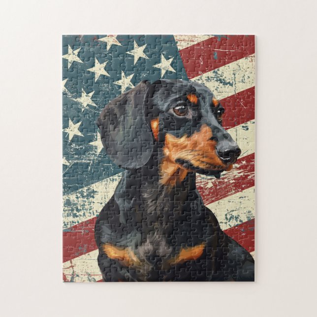 Grunge amerikansk flagga Dachshund Hund Pussel (Vertikal)