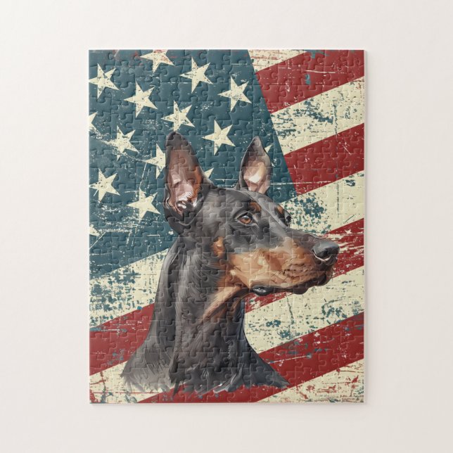 Grunge amerikansk flagga Doberman Pinscher hund Pussel (Vertikal)