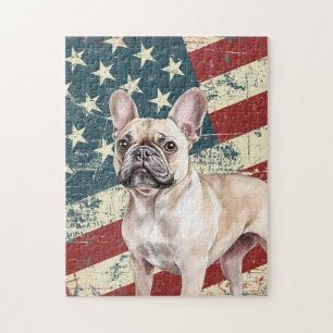 Grunge amerikansk flagga Fawn Tan fransk bulldogg Pussel