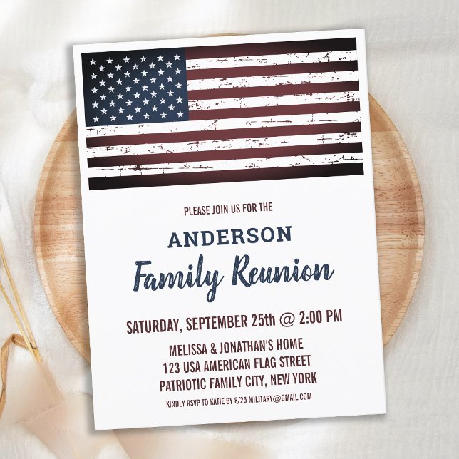Grunge amerikansk flagga patriotisk familjeåterför inbjudan vykort (Skapare uppladdad)
