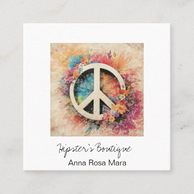 *~* Grunge AP57 Boho QR Peace Symbol-Blommigt Fyrkantigt Visitkort (Framsida)