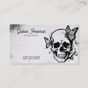 Grunge Black & Grått Skull med Butterflies Tattoo Visitkort
