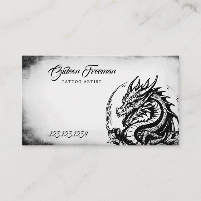 Grunge Black & White Dragon Tattoo Artist Visitkort (Framsida)