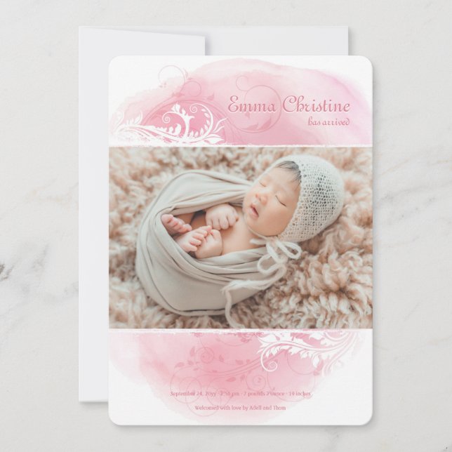 Grunge Blommigt Photo Birth Notice Meddelande (Framsida)