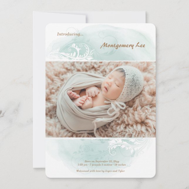 Grunge Blommigt Photo Birth Notice Meddelande (Framsida)