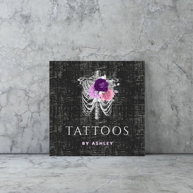 Grunge Blommigt Skeleton Gothic Tattoo Artist Ro Fyrkantigt Visitkort (Skapare uppladdad)
