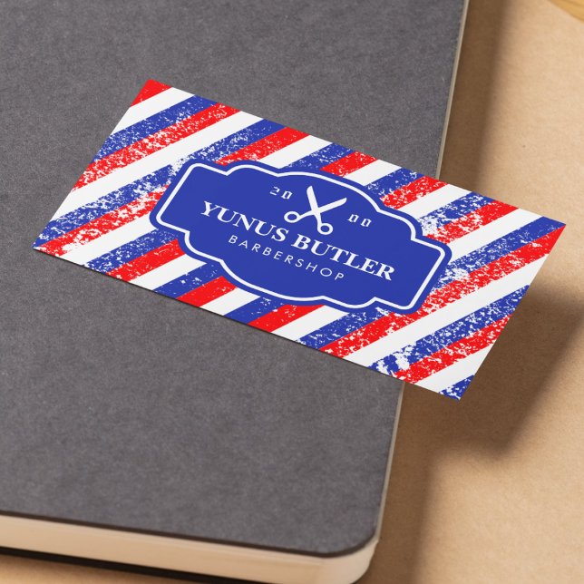 Grunge Blue & Red Rand Scissor Barbershop Visitkort (Skapare uppladdad)