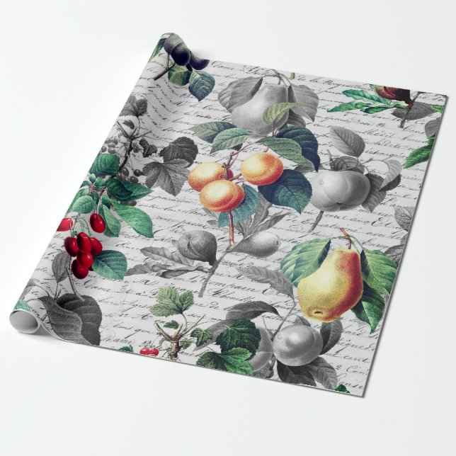 Grunge Botanical Vintage Fruit med skript Presentpapper (Utrullad)