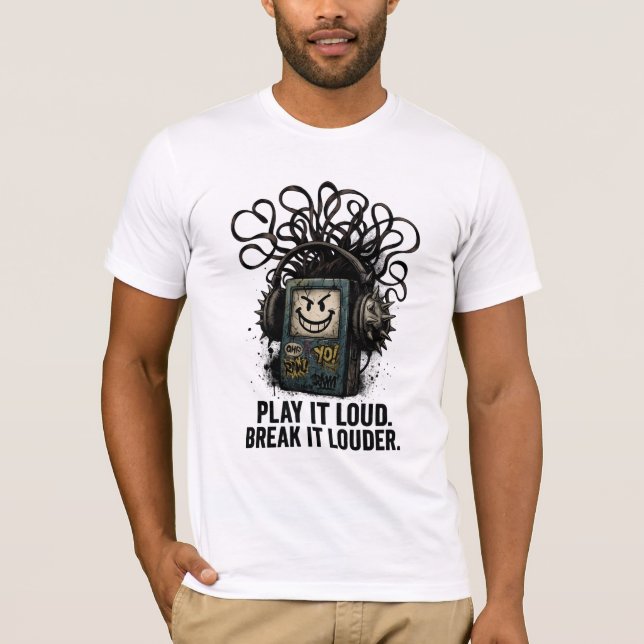 Grunge Cassette Player with Spiked Headphones T Shirt (Framsida)
