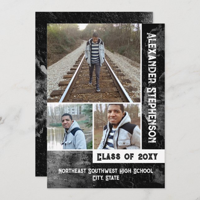 Grunge Conreta 3 Photo Boys Killar Studenten Inbjudningar (Fram/baksida)