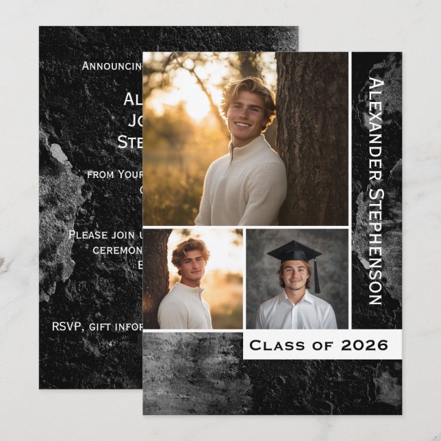 Grunge Conreta 3 Photo Boys Studenten Inbjudningar (Fram/baksida)