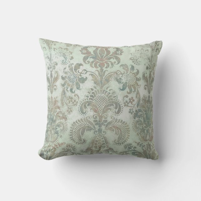 Grunge Damask Ankan Ägg Blå Salvia Grön Kudde (Framsida)