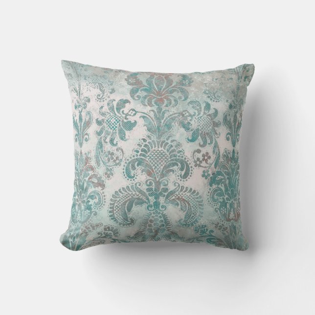 Grunge Damask Aqua Mint Blå Rosa Kudde (Framsida)