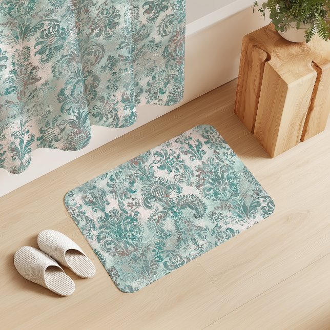 Grunge Damask Aqua Mint Blue Blush Pink Badrumsmatta (Skapare uppladdad)