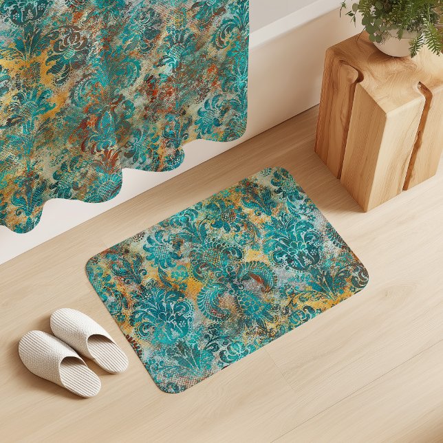 Grunge Damask Aqua Viridian Mustard Terracotta Badrumsmatta (Skapare uppladdad)