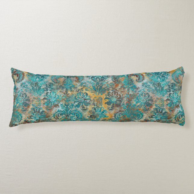 Grunge Damask Aqua Viridian Mustard Terracotta  Kroppskudde (Framsidan)