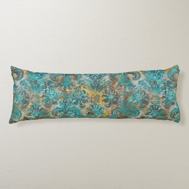 Grunge Damask Aqua Viridian Senap Terrakotta  Kroppskudde (Framsidan)
