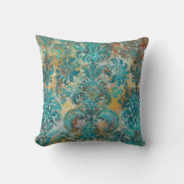 Grunge Damask Aqua Viridian Senap Terrakotta Kudde