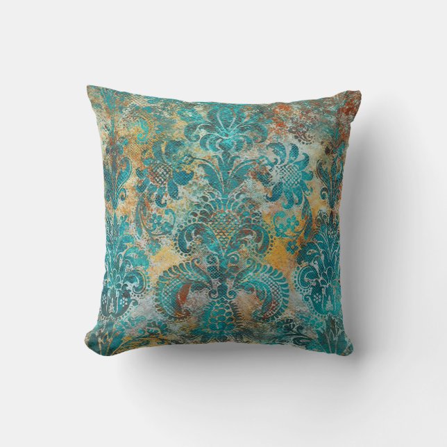 Grunge Damask Aqua Viridian Senap Terrakotta  Kudde (Framsida)