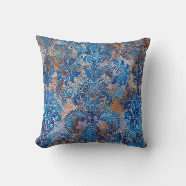 Grunge Damask Cobalt Blue Rust Orange Kudde (Framsida)