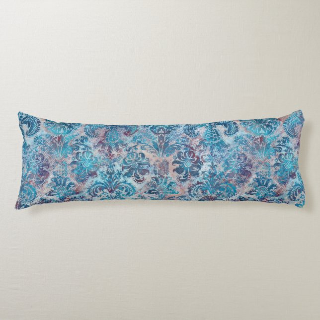 Grunge Damask Denim Blå Burgunder Persika Rosafärg Kroppskudde (Framsidan)