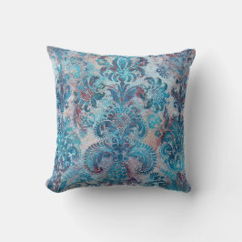 Grunge Damask Denim Blå Burgunder Persika Rosafärg Kudde