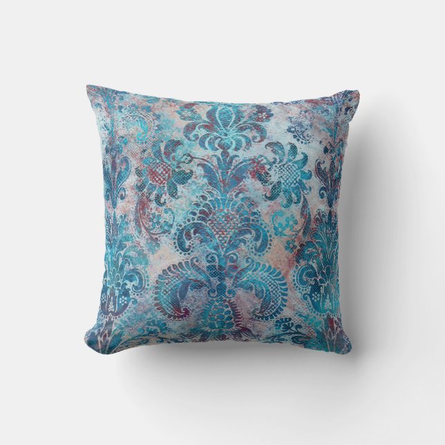 Grunge Damask Denim Blå Burgunder Persika Rosafärg Kudde (Framsida)