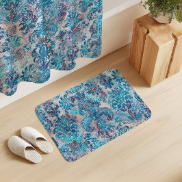 Grunge Damask Denim Blå Burgunder Persika Rosenskä Badrumsmatta