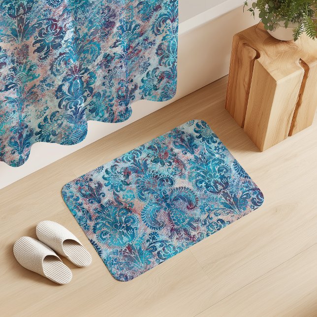 Grunge Damask Denim Blå Burgunder Persika Rosenskä Badrumsmatta (Skapare uppladdad)