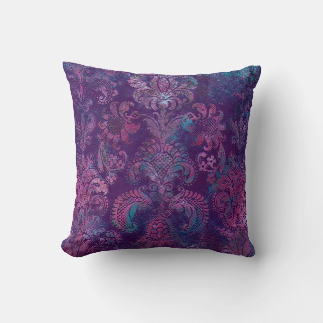Grunge Damask Lila Violett Varmljusblå Turkos Kudde (Framsida)