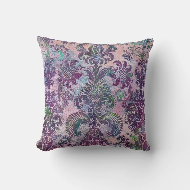 Grunge Damask Pink Purple Charteuse Turquoise Kudde (Framsida)