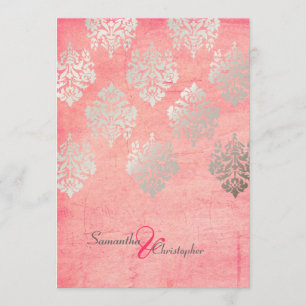 Grunge Damask/rosa/falska silver bröllopsinbjudnin Inbjudningar