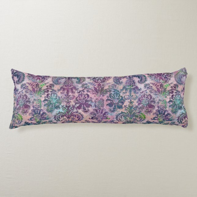 Grunge Damask Rosa Lila Charteuse Turkos Kroppskudde (Framsidan)