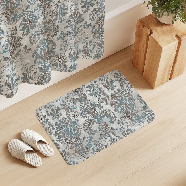 Grunge Damask Taupe Himmelblå Kräm Grå Badrumsmatta (Skapare uppladdad)
