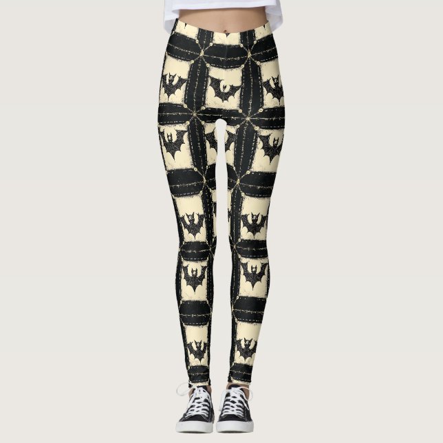 Grunge Denim Halloween-lappverk med fladdermöss Leggings (Framsida)