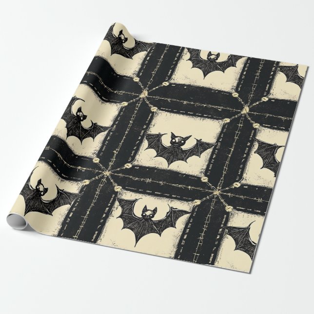 Grunge Denim Halloween Patchwork with Fladdermus Presentpapper (Utrullad)