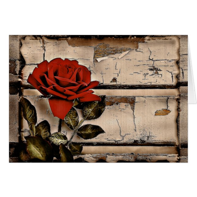 Grunge Distress Barn Wood Rustic Röd ros Hälsningskort (Framsidan Horizontal)