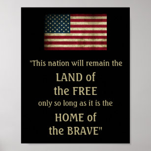 Grunge Flagga Home of the Modig Freedom Quote Poster