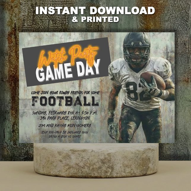 Grunge Football Super Player Party Inbjudningar (Grunge American football player Super Bowl party invitations - INSTANT DOWNLOAD and/or PRINTED)