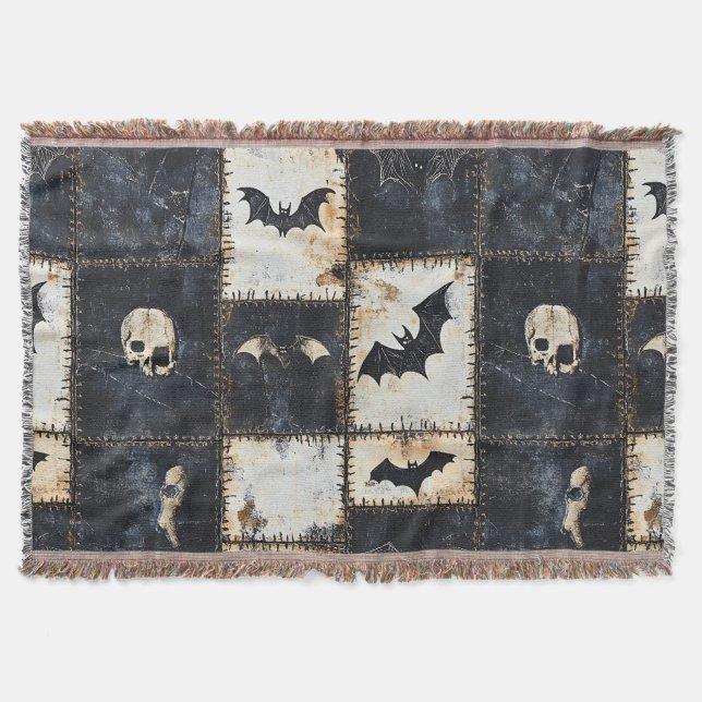 Grunge Gotisk Fladdermöss & Dödskallar Denim Mönst Filt (Framsidan)