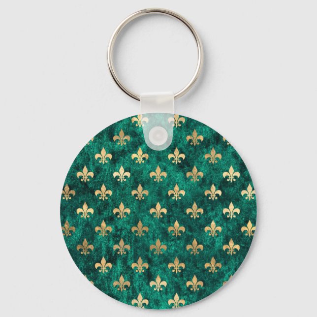 Grunge Grön Sammets Fleur De Lis Mardi Gras Nyckelring (Framsida)