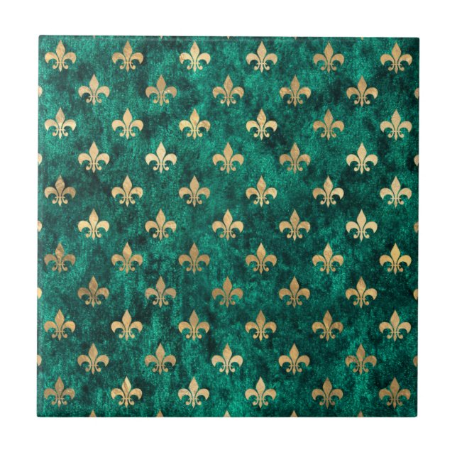 Grunge Grönt Velvet Fleur De Lis Mardi Gras Kakelplatta (Framsidan)