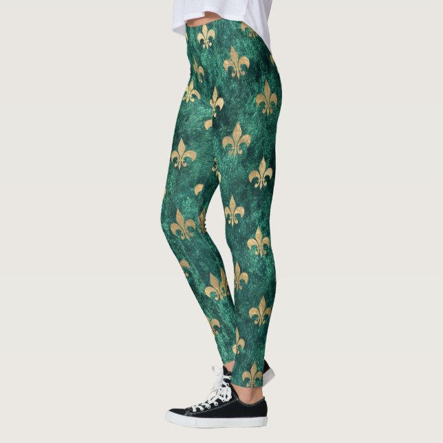 Grunge Grönt Velvet Fleur De Lis Mardi Gras Leggings (Vänster)